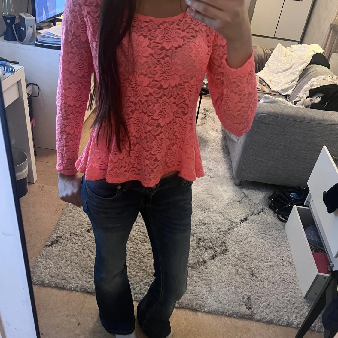 Rosa långärmad spetsblus - 1