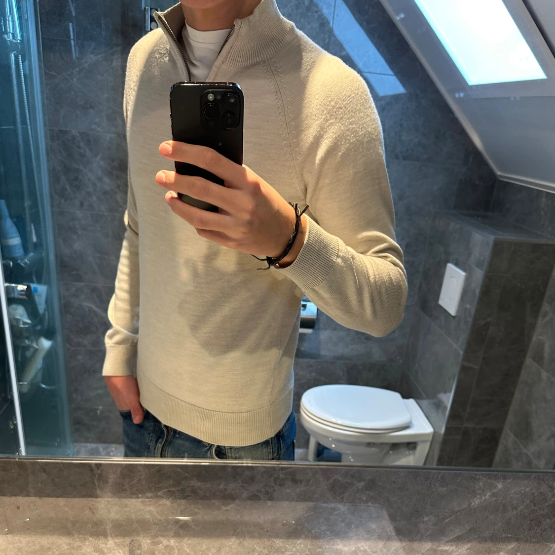 Beige half zip stickad tröja - 1