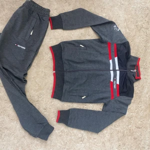 Mörkgrå ziptröja från Hilfiger - Mörkgrå ziptröja från Hilfiger med röda och vita detaljer samt svarta partier upptill. Tröjan har hel dragkedja, ribbade muddar och Hilfiger-logga på bröstet. Perfekt för en sportig och avslappnad stil.