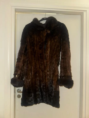 Brun pälsjacka med huva från Hollies - Säljer en brun lång pälsjacka från Hollies med huva och breda muddar vid ärmsluten. Jackan har en snygg knapp framtill och ett lyxigt mönstrat innerfoder. Perfekt för dig som vill ha en varm och cool look under vintern.