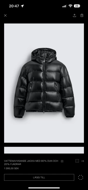 Svart dunjacka pufferjacka med huva - Snygg svart pufferjacka från zara! Jackan är vattenavvisande och har två fickor med dragkedja samt en kraftig dragkedja framtill. Fylld med 80% dun och 20% fjädrar för extra värme. Använd en gång endast, Funkar både till tjej och kille, men är köpt på zara herr