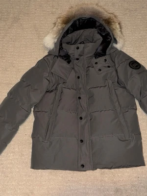Grå dunjacka från Canada Goose - Säljer en grå dunjacka från Canada Goose med svart logotyp på ärmen och stor huva med fluffig pälsdetalj. Jackan har flera fickor, dragkedja och knappar framtill samt quiltad insida. Perfekt för kalla vinterdagar.