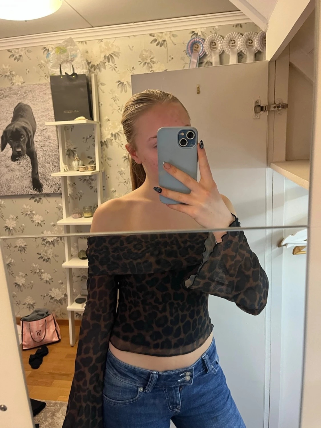 Leopardmönstrad offshoulder topp - 1
