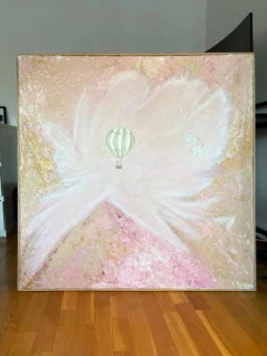 Stor Akryltavla 100x100 - Säljer en tavla som jag målat själv och gjort en ram till. ”När svanar drömmer” Konstnär: Greta jägare Storlek: 100x100cm Materialet: akryl på canvas  Signerad: på både framsidan och baksida  Följer även med ett äkthetsbevis för tavlan.