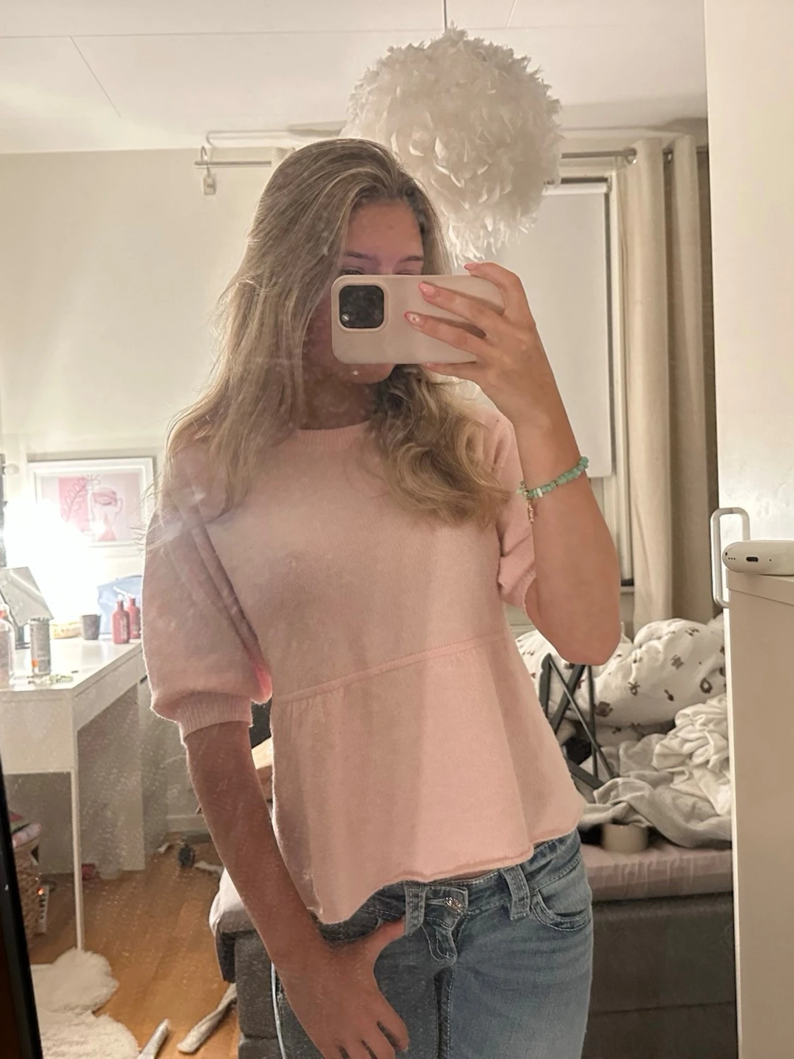 Ljusrosa stickad tröja med halvlånga ärmar - 1