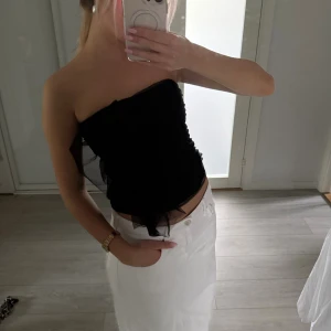 Svart bandeau tubtopp från & Other Stories - Säljer en svart bandeau tubtopp från & Other Stories. Toppen är i meshliknande, transparent polyester med draperad effekt och volangdetalj på ena sidan. Sitter tight och är axelbandslös, perfekt för en trendig look.