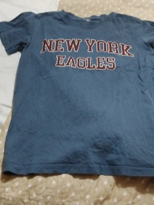 Blå New York Eagles t-shirt - Snygg blå t-shirt med trycket 'NEW YORK EAGLES' i vitt och rött framtill. Klassisk passform och rund halsringning, perfekt för en avslappnad streetstyle-look.