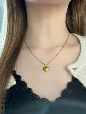 Guldigt halsband med hjärthänge - Snyggt halsband i guldfärg med ett blankt hjärthänge. Kedjan är tunn och elegant, perfekt för att ge en söt touch till din outfit. Hjärtat har en mjuk, rundad form och halsbandet levereras i en fin ask. Märke och material är ej angivet. Rostfritt stål och handgjort 