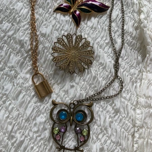 Smyckesbundle!💋 - Säljer ett set med smycken: två halsband och två guldiga broscher! Superfina och har använts väl så det finns små tecken på användning och fjärilen saknar en liten sten som knappt märks. Annars är de i bra skick! Priset är för alla fyra smyckena💋