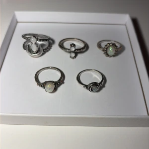Fem silverringar med vita stenar - Säljer ett set med fem snygga silverfärgade ringar, alla med vita eller opal-liknande stenar. Ringarna har olika former och detaljer, vissa med vintageinspirerade mönster och små pärldetaljer runt stenarna. Perfekta att mixa och matcha för en unik look.
