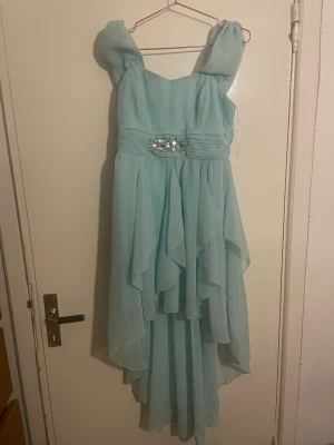 Ljusblå långklänning från Bodyflirt - Säljer en ljusblå långklänning från Bodyflirt i storlek 38. Klänningen har breda axelband, vackra lager av chiffong och ett glittrigt dekorband i midjan. Den har en flowy siluett och dragkedja i ryggen. Perfekt för dig som vill sticka ut med en romantisk look.