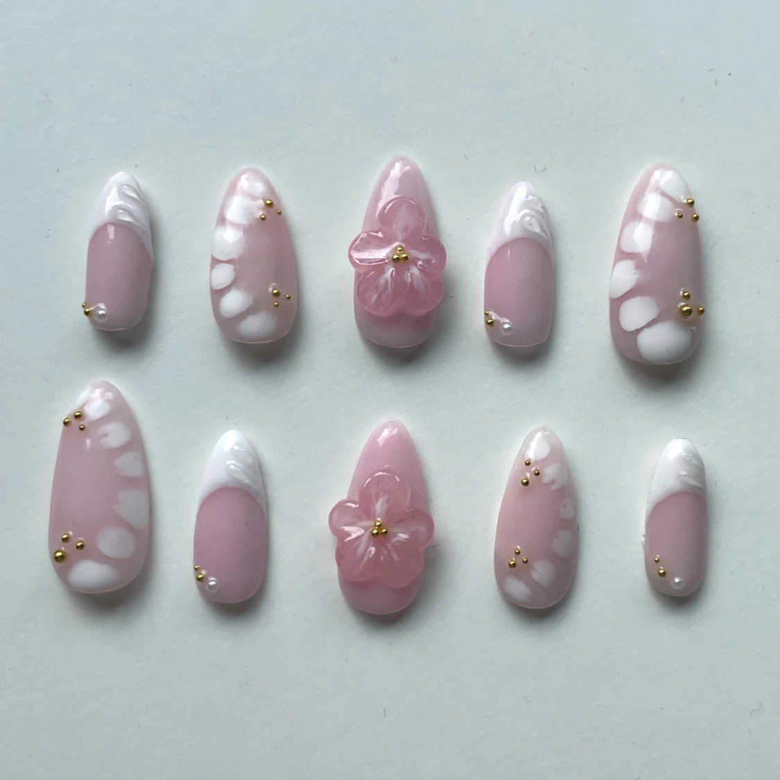 Rosa press-on naglar med 3D-blomma