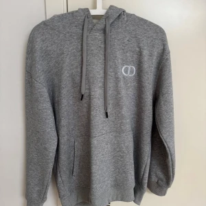 Grå Di0r hoodie  - Säljer denna tröjan då den inte passar längre, tröjan är i mycket bra skick och är bara använd ett par fåtal gånger. Tröjan är i storlek L men är liten i storlek så passar även M