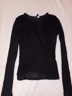 Svart ribbad mesh polotopp - Säljer en svart långärmad polotopp i ribbad mesh. Toppen är tight och har en genomskinlig look som ger en cool vibe. Perfekt att styla med lager på lager eller under en snygg jacka. Materialet är mjukt och stretchigt för en bekväm passform.