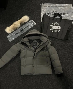 Grå dunjacka från Canada Goose - Säljer en grå dunjacka från Canada Goose med avtagbar huva och pälskant. Jackan har svarta detaljer, dragkedja och knappar framtill samt logotyp på ärmen. Perfekt för kalla vinterdagar och riktigt snygg passform.pris kan diskuteras 