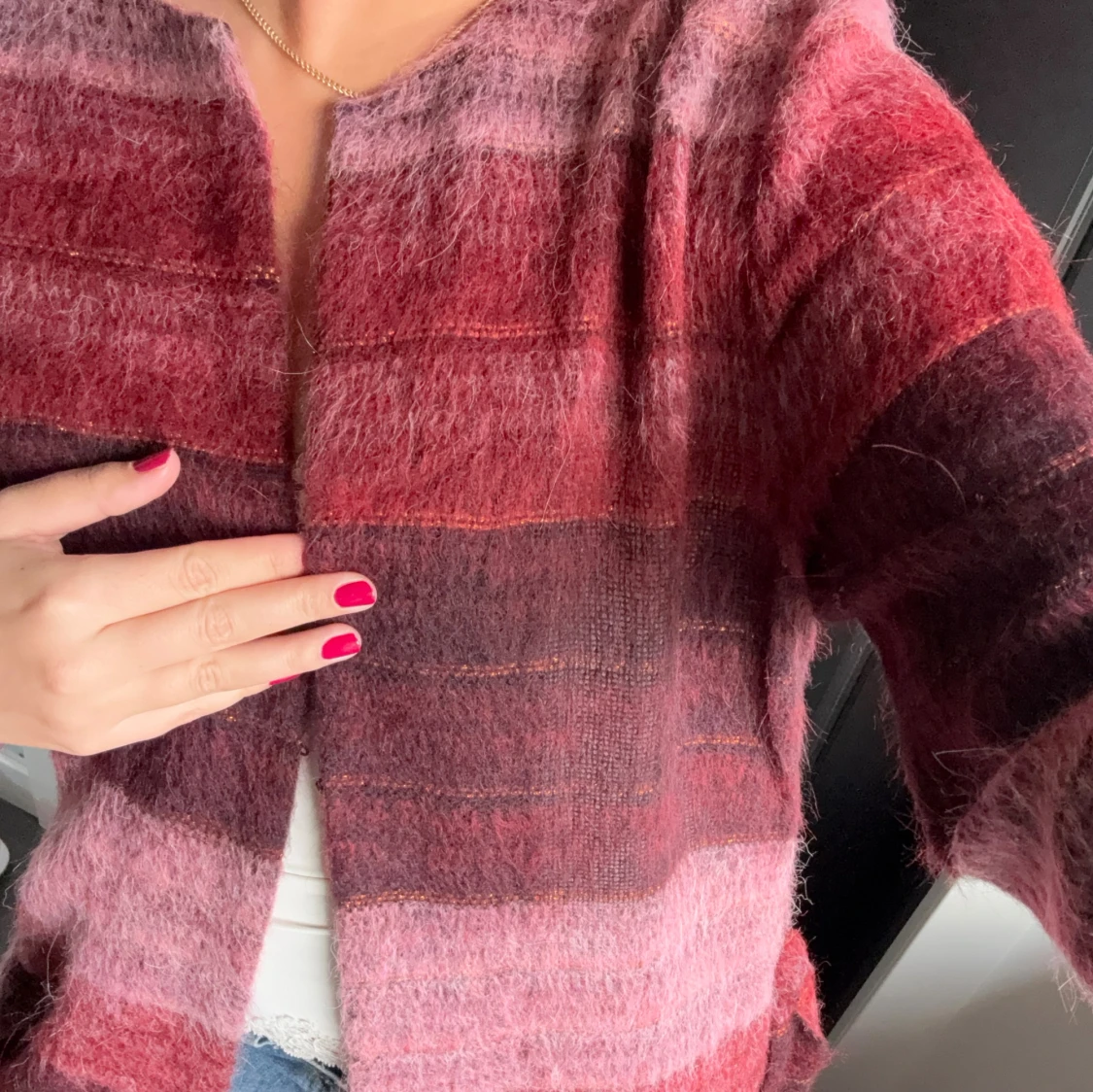 Randig lång cardigan i vinrött - 3