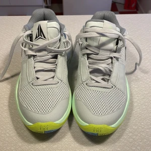 Ja 1 grå str 41 (basketskor) - Säljer ett par snygga nike sneakers i grått med mesh och syntet på ovandelen. Skorna har snörning, limegrön och blå mönstrad yttersula samt siffran 12 på hälen. Perfekt för dig som gillar sportig stil och coola detaljer.