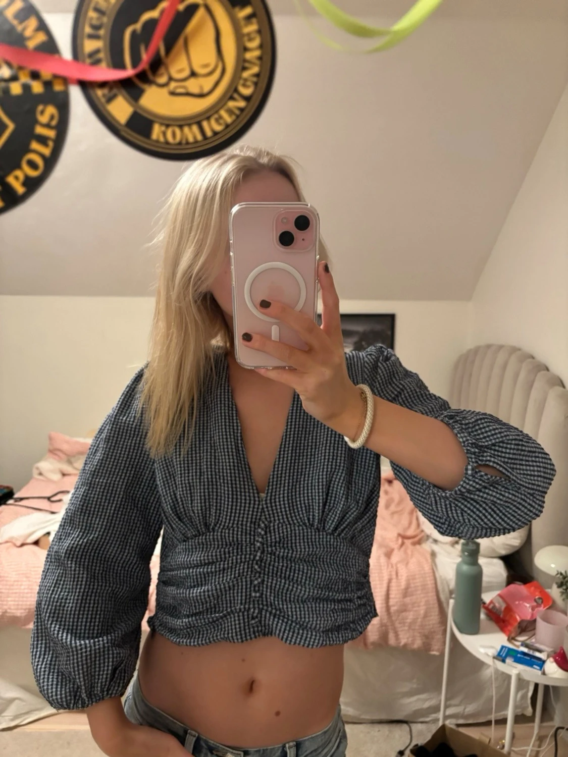 Blårutig cropped blus  - 2