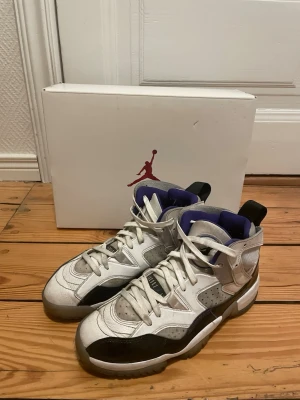 Nike Air Jordan 6 sneakers vit/svart/lila - Säljer ett par Nike Air Jordan 11 sneakers i vitt, svart och lila med högt skaft och snörning. Skorna har nu blivit för små och det är därför jag säljer. Skorna är använda men inga skador. Hör av dig vid funderingar. Ny pris ligger på 2049 kr.