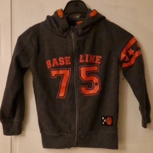 Gråbrun Hoodie i 122/128  - Hoodie med orange tryck från Red & Blue. Storlek 122/128. Fint skick! Hund finns i hemmet. Kolla in mina andra annonser för samfrakt! 