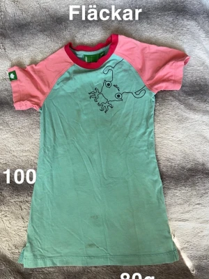 Grön och rosa nattlinne med tryck - Säljer en söt nattlinne i grön och rosa med ett coolt tryck av en tecknad figur på bröstet. Nattlinnet har kontrastfärgade ärmar och halsringning samt en liten grön etikett på ärmen. Perfekt för en avslappnad stil.🌸Fläckar. Storlek 100