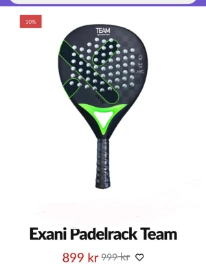 Nytt padelracket -  Produkten är ett padelrack i svart och grönt med mönster och hål, tillverkat med lätt kolfiberram. Nypris 999 