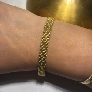 Pandora guldarmband X-länk design  - Jag säljer mitt Pandora armband i äkta silver doppat i 18k guld med x-länk design i storleken 17 det passar alla som har mellan storlek 16-19. Har använt den ett par gånger men vill inte ha kvar den, behöver rensa mina smycken. Snyggt armband i guldton med meshstruktur och smal, rak form. Armbandet har en diskret låsdetalj och passar perfekt för dig som gillar minimalistiska accessoarer med lite edge. Metallens yta har ett tätt, rutigt mönster som ger en cool känsla. Den köptes för 2500kr 