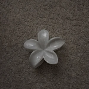 Vit blomformad hårklämma - Säljer en vit hårklämma i form av en blomma med fem rundade kronblad. Klämman har en blank yta och är perfekt för att ge en söt och fräsch touch till din frisyr. Passar dig som gillar blommiga detaljer och stilrena accessoarer.