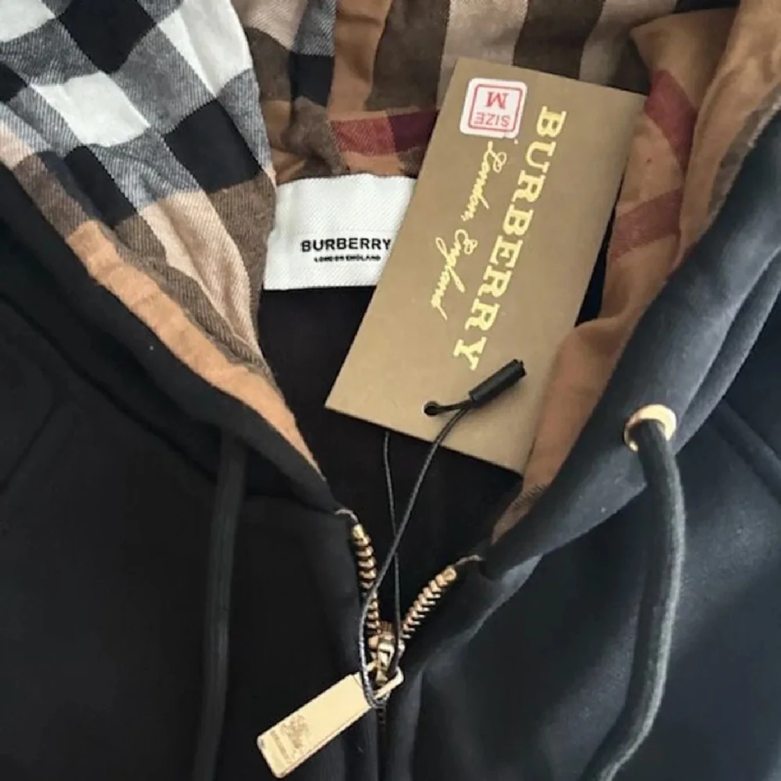 Svart Burberry hoodiejacka med rutig huva - 2