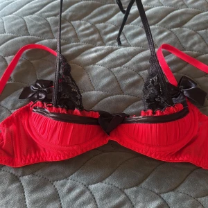 Röd och svart bh från Axami - Säljer en snygg röd och svart bh från Axami med tunna axelband, svarta rosetter och spetsdetaljer. Toppen har plisserad röd bas, svarta spetskupor och dekorativa band. Perfekt för dig som vill ha något extra till outfiten.