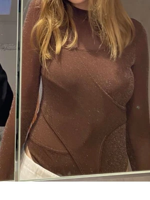 Brun glittrig långärmad bodysuit - Säljer en brun långärmad bodysuit med glittrigt tyg och hög hals. Materialet är stretchigt och bodyn har på vissa ställen dubbla lager och sömmar som ger en asymmetrisk look. Jag har klippt bort lappen då jag tyckte att den syntes för mycket så jag vet inte exakta storleken, men skulle gissa på S.