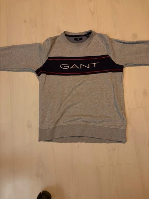 Grå sweatshirt från GANT - Snygg grå sweatshirt från GANT med rund halsringning och ett mörkblått band över bröstet där GANT-loggan är broderad i vitt. Tröjan har långa ärmar, ribbade muddar och en avslappnad passform. Perfekt för en casual och sportig stil. Liten skada vi armen men syns ej 