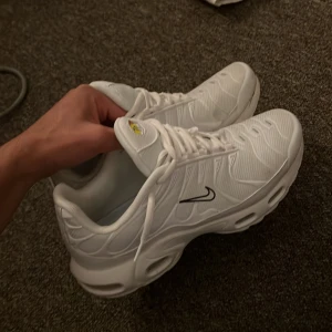 Vita Nike Air Max Plus sneakers - Säljer ett par fräscha vita Nike Air Max Plusneakers med snygga detaljer och svart swoosh. Skorna har en luftig mesh-överdel, synliga Air-enheter i sulan som boostar lite längd också. Skorna är endast använda en gång och det syns under sulorna annars helt nya. Priset går att diskutera.