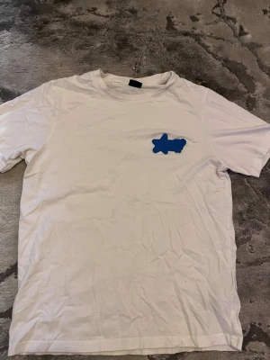 Vit t-shirt från FSBN med blå patch - Säljer en vit t-shirt från FSBN i regular fit med en blå stjärnformad patch och texten 'world wide' på bröstet. Klassisk rund hals och korta ärmar. Perfekt till en avslappnad stil och enkel att matcha med jeans eller shorts.