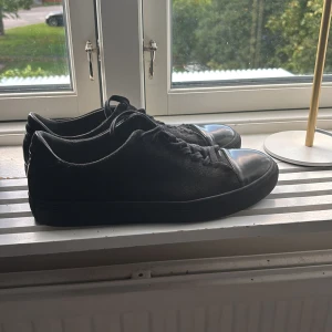 Sneaky Steve Skor - Säljer ett par svarta sneakers från Sneaky Steve med ovandel i mocka och tåparti i blankt material. Skorna har snörning och en platt sula, perfekt för en clean och stilren look. Klassisk rund tå och helsvart design som funkar till det mesta.