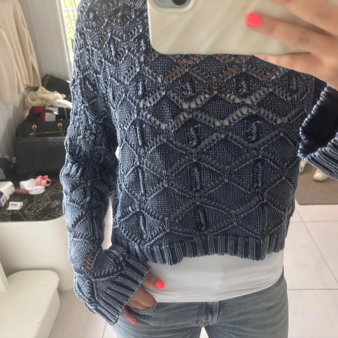 Blå croppad stickad tröja - 2