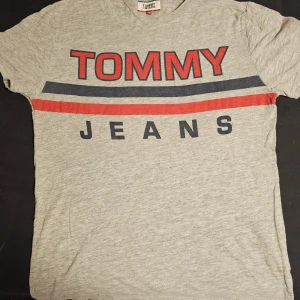 Grå t-shirt Tommy Jeans - Snygg grå t-shirt från Tommy Jeans med stora tryckta loggor i rött och mörkblått framtill. Klassisk passform och rund halsringning. Perfekt för en avslappnad och trendig look.
