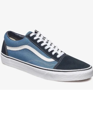 Vans Old Skool sneakers - Klassiska Vans Old Skool sneakers i blått och svart med vit sula och vit sidosnöre. Ovandel i canvas och mocka, med snörning och rund tå. Perfekta för en avslappnad streetstil. Storlek 43 helt nya