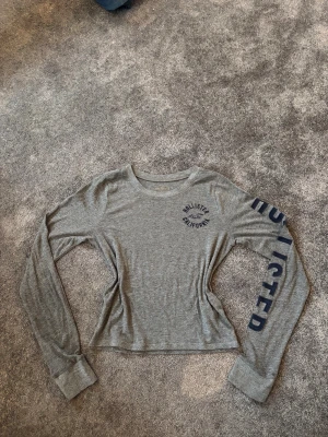 Grå långärmad tröja Hollister - Snygg grå tunn långärmad tröja från Hollister med marinblå broderad logga på bröstet och tryck längs ena ärmen. Tröjan har rund hals och är tillverkad i mjuk bomullsmix. Passformen är normal.