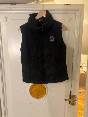 Svart dunväst från Hollister - Säljer en svart dunväst från Hollister med hög krage och dragkedja framtill. Västen har ett broderat Hollister-märke på bröstet och två fickor på sidorna. Perfekt för lager-på-lager under kyliga dagar.