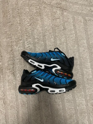 Nike Air Max Plus blå och svarta sneakers - Nike Air Max Plus sneakers i blått och svart med vita detaljer och synlig Air Max-dämpning i sulan. Skorna har snörning, mesh-överdel och svarta vågformade linjer. Swoosh-logga på sidan och 'Tn' emblem bak. Perfekt för dig som gillar sportig och modern stil. Skicka gärna frågor och bud!