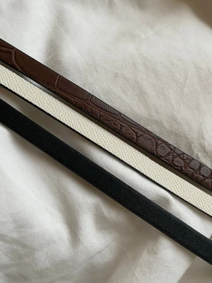 Smala bälten - Säljer ett 3-pack smala bälten från H&M med guldfärgade spännen. Ett bälte är svart och slätt, ett är vitt och ett är brunt med mönster. 