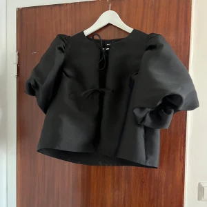 Svart blus med puffärmar från Gina Tricot - Supersnygg svart blus från Gina Tricot med stora puffärmar och två knytband framtill. Blusen har en rak passform och är tillverkad i ett glansigt material som ger en lyxig känsla. Perfekt för dig som vill sticka ut med coola detaljer och volym.