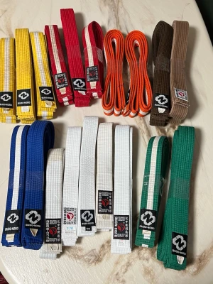 Färgglada Budo Nord bälten - Säljer ett gäng bälten från Budo Nord i olika färger: gul, röd, orange, brun, blå, vit och grön. Bältena är tillverkade i slitstark bomull och har klassiska etiketter med japanska tecken. Perfekt för dig som tränar kampsport och vill ha flera alternativ.