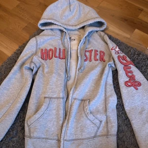 Hollister tröja  - Hoodie med dragkedja ifrån Hollister med rosa text! Mycket fint skick förutom en liten fläck under ena ärmen samt en trasig dragkedja. Därmeot skulle man kunna fixa både fläcken och dragkedjan men har aldrig provat själv.