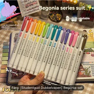 Begonia Series Suit 15-pack Highlighters - Färgglatt set med 15 överstrykningspennor i olika nyanser. Perfekt för studier, planering och kreativt arbete. Pennorna har dubbla spetsar för varierad användning. Setet är i nyskick utan synligt slitage eller defekter.)