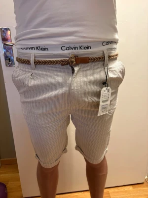 Brand New Zara Chino Shorts with Braided Belt - Size 164 (Kids/Teen) - Selling a pair of stylish Zara shorts in a light beige/cream color with a fine vertical pattern. These shorts are brand new with tags and have never been used.  They come with a beautiful matching braided belt with leather-like details. Perfect for a dressed-up summer look, a graduation, or a family dinner!  Brand: Zara  Size: 13-14 years / 164 cm (see tag in photo)  Condition: New with tags (NWT)  Includes: Matching brown braided belt  Original Price: 229.00 SEK