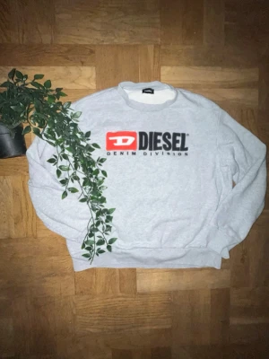 Grå sweatshirt från Diesel - Säljer en grå sweatshirt från Diesel med stort tryck på bröstet där det står 'Diesel Denim Division' i svart och rött. Tröjan har rund halsringning och ribbade muddar vid ärmslut och nederkant. Perfekt för en avslappnad och trendig look.
