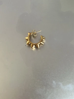 Guldiga örhängen med nitar - Säljer ETT! par coola örhängen i guldfärgad metall med rund form och utstickande nitar runt hela ringen. Perfekta för dig som vill ha en edgy och trendig look. Passar till många olika stilar och är lätta att bära.