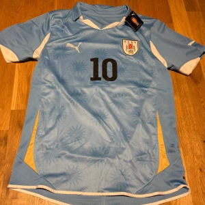 Uruguay home kit 2010 X Forlan #10 - Ljusblå Uruguay matchtröja från Puma med nummer 10 på bröstet och landslagets emblem. Tröjan har vita och gula detaljer, korta ärmar och är tillverkad i ett lätt, ventilerande funktionsmaterial. Perfekt för fotbollsträning eller att bära som supporter.